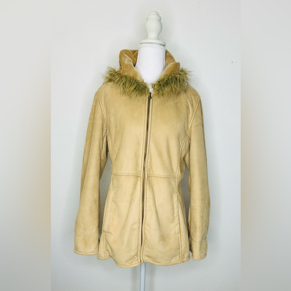 Women's Austin Clothing Co. Beige Teddy Coat with Faux Fur Hood